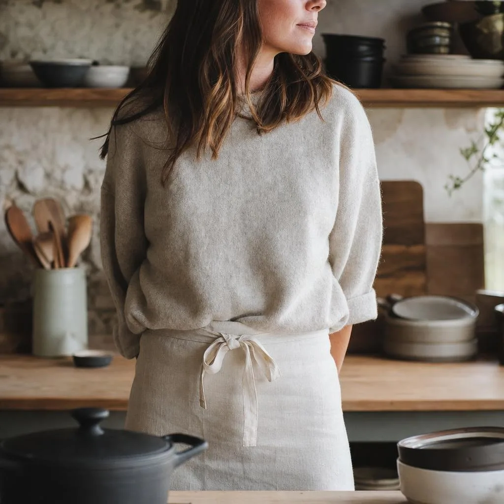 Kitchen workspace with stoneware, a cast iron pan, and wooden utensils in natural light