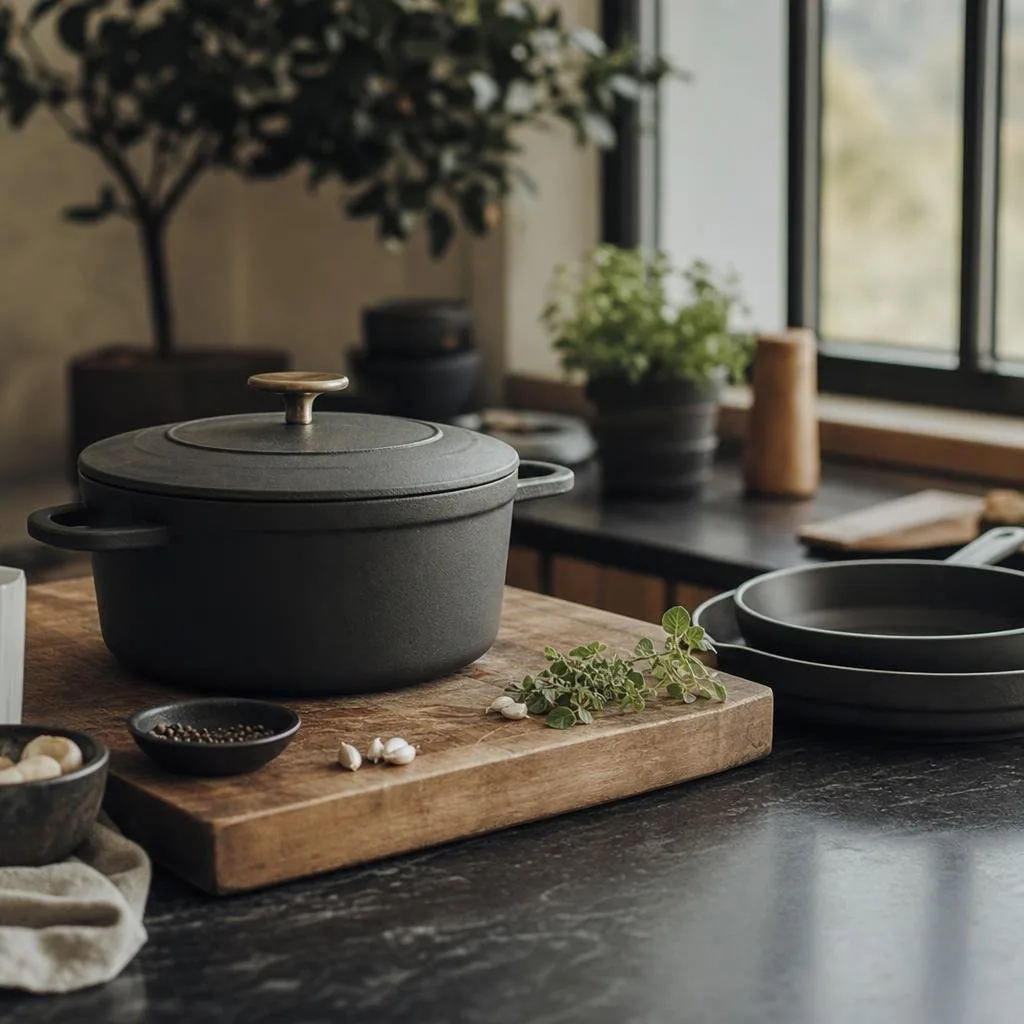 Stoneware plates, mugs, and a wooden serving board arranged as a matched collection